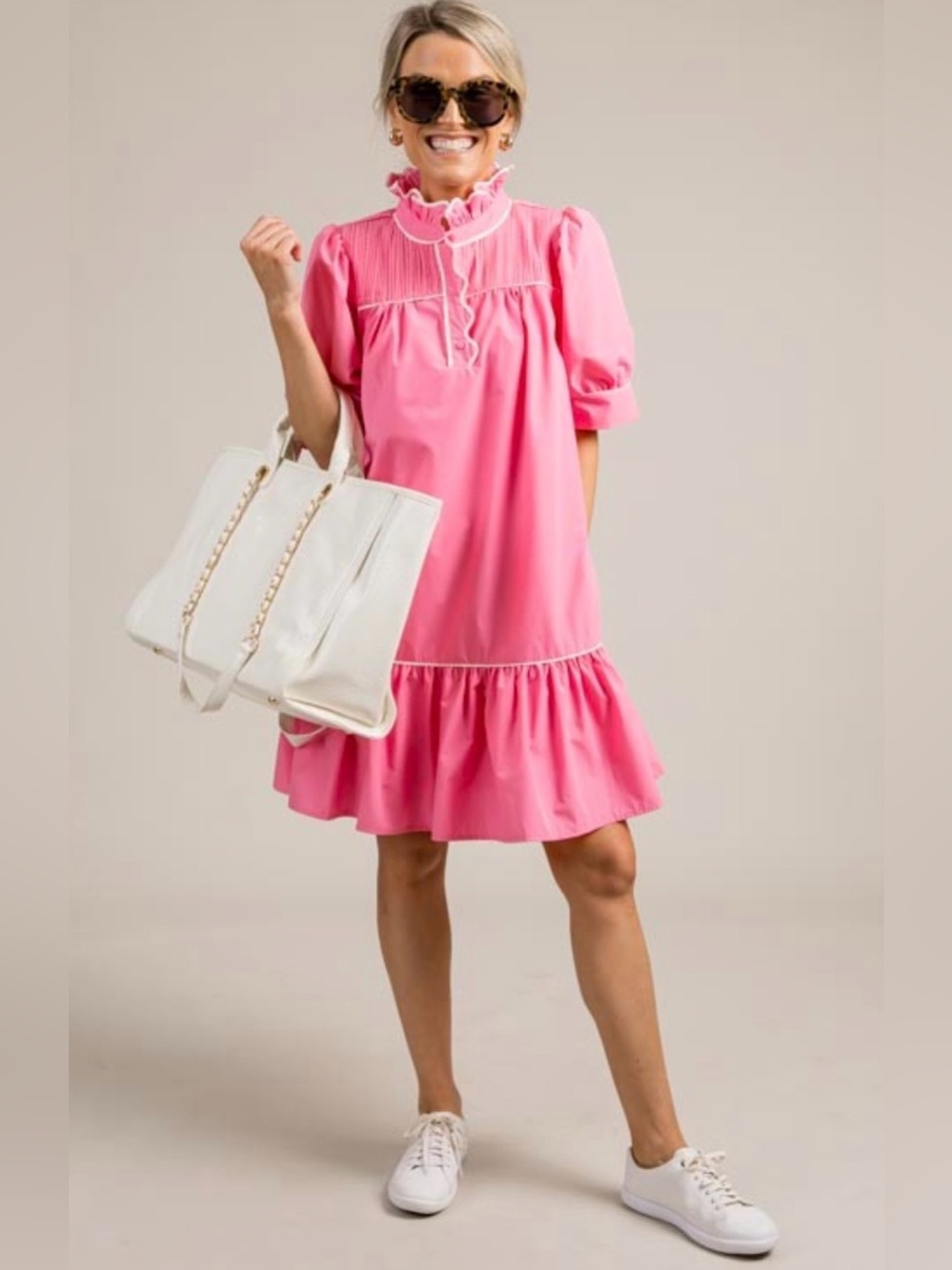 entro Pink Ruffle-Trim Mini Smock Dress